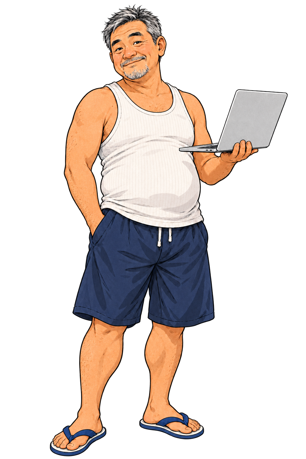 Retired uncle in a tank top and flip-flops holding a laptop